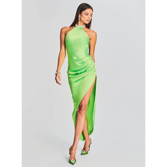 NEW Retrofête Maria Satin Halter Maxi Dress - Lime Punch Neon Green Gown - Picture 1 of 16